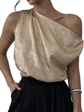 One-Shoulder Metallic Gold Blouson Top